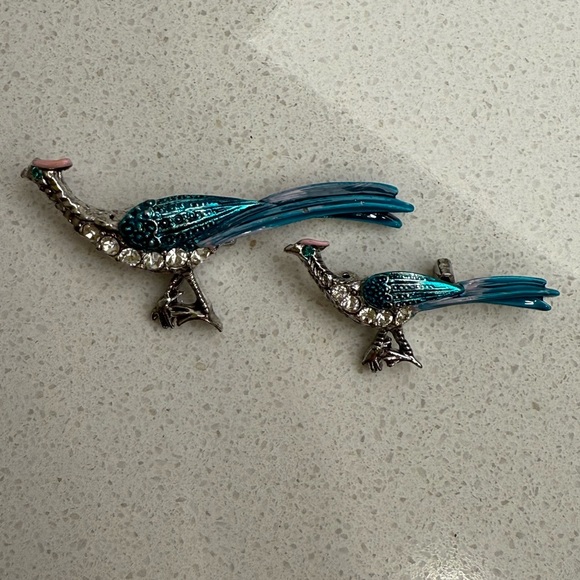 Vintage Pheasant Bird Brooches Pins Set of 2 Silver Tone Enamel Rhinestones - Picture 2 of 7